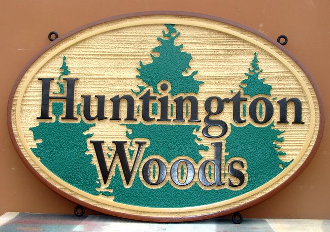 K20115 - Carved Wood Hanging  Sign for Huntington Woods Apartments with Carved Pine Trees