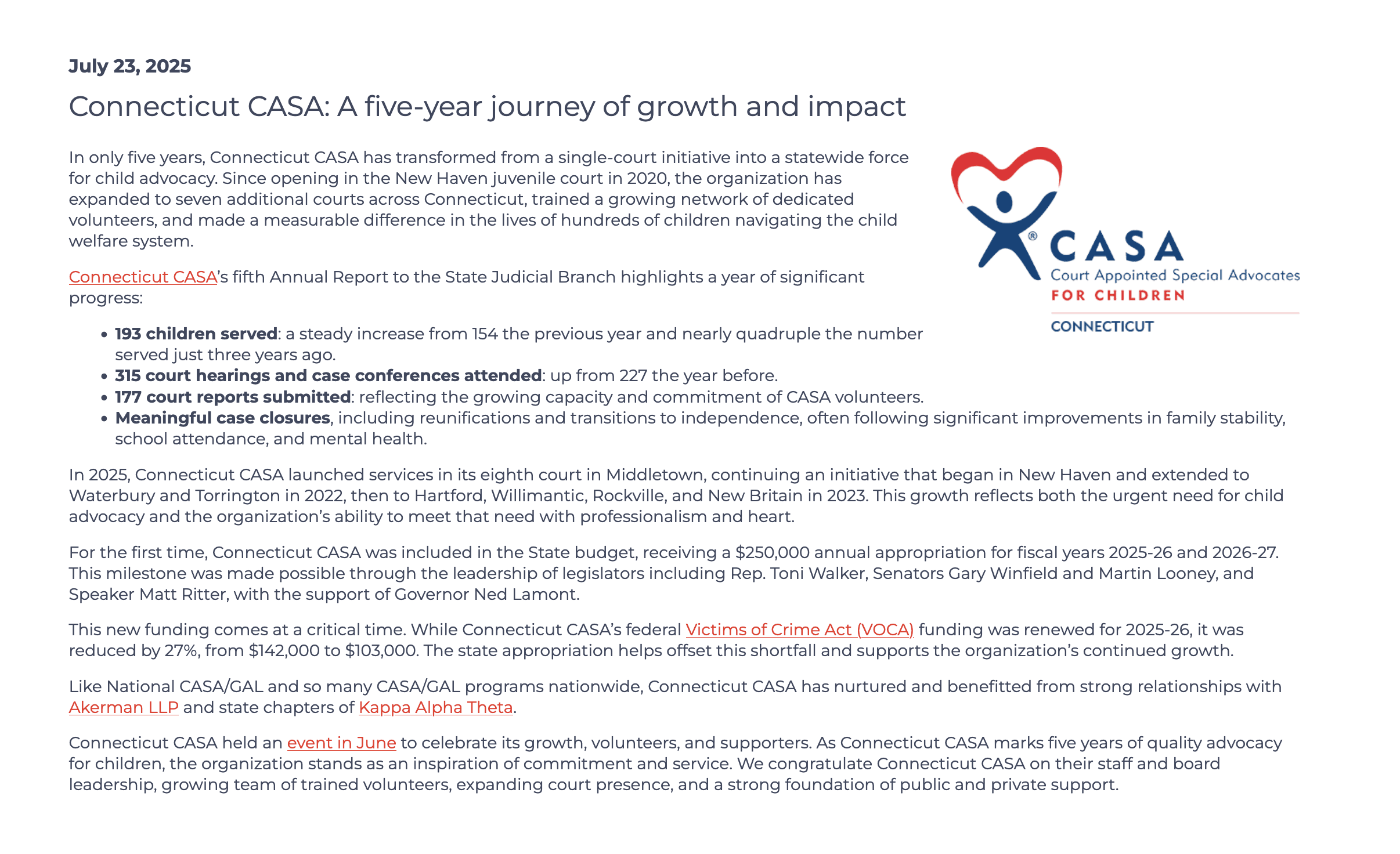 "Connecticut CASA: A Five-Year Journey of Growth and Impact"