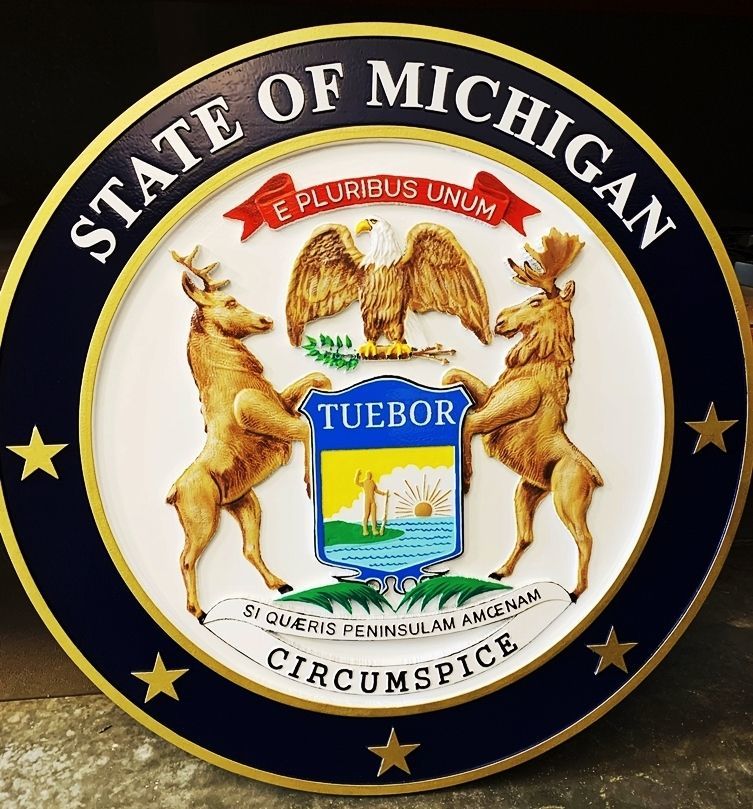 BP-1261 - Carved 3-D Artist-Painted HDU Plaque of the Great Seal of the State of Michigan