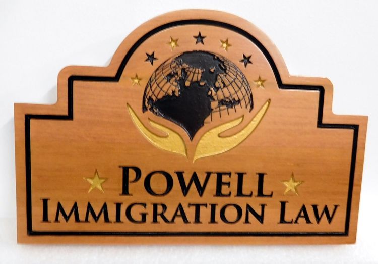 A10007- Carved, Engraved  Maple Wood Plaque for Immigration Law Firm Featuring  Carved Logo of World with Caring Hands Beneath