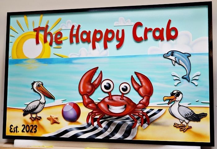 L21561 - Carved and Sandblasted HDU Sign for "The Happy Crab" with Artwork