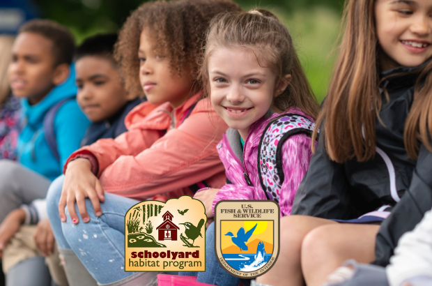 Image: Five young children sit in their outdoor learning space while wearing rain boots and jackets. The USFW logo and School Habitat Program logo are included on the bottom of the photo.