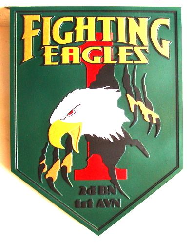 MP-2340 - Carved Wooden Wall Plaque of the Crest for the Fighting Eagles, 2nd Battalion, First AVN, US Army, Artist Painted