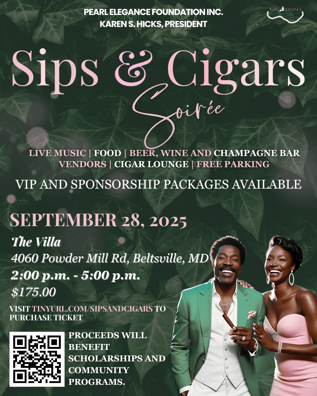Event flyer for Sips & Cigars Soirée on September 28, 2025, hosted by Pearl Elegance Foundation Inc. The flyer features a man and a woman, possibly of African descent, dressed elegantly, with the event details in styli