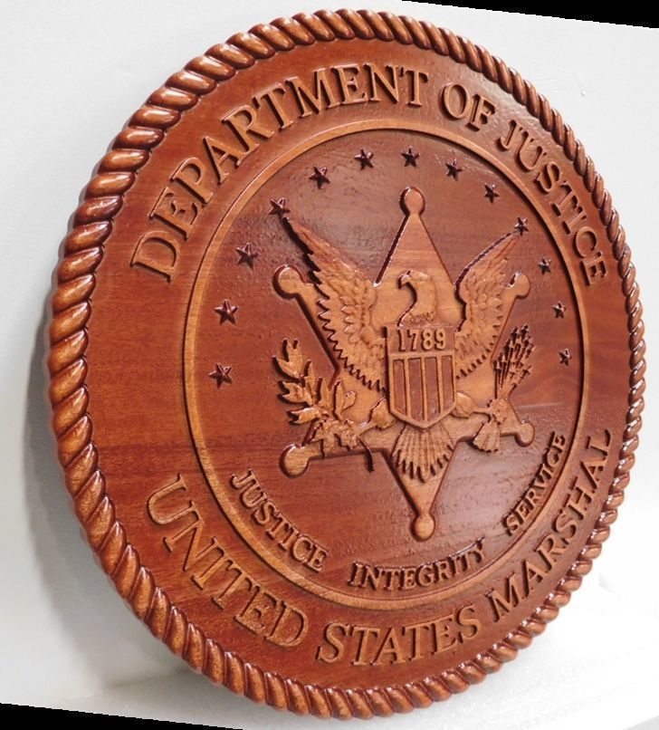 PP-1856 - Carved 3-D Mahogany Wood  Plaque of a Badge of a United States Marshall, Department of Justice