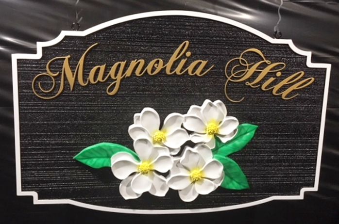 I18207 - Carved 3D and Sandblasted  Property Name Sign "Magnolia Hill", with Magnolia Blossum
