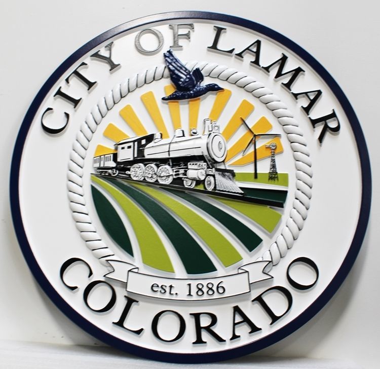 DP-1610 - Carved 3-D Bas-Relief Artist-Painted HDU Plaque of the Seal of the City of Lamar, Colorado