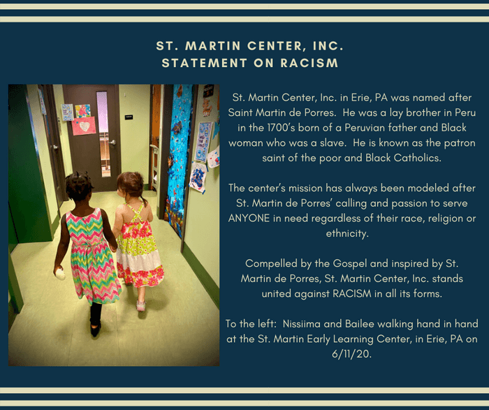 A photo of a statement from St. Martin Center on their stance against racism.