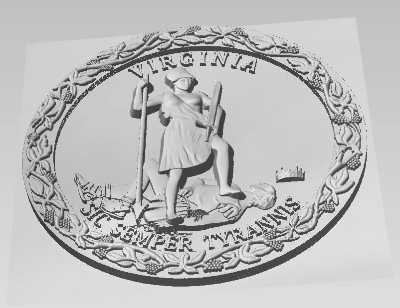 W32513 - Carved Bas-Relief HDU Wall Plaque of the Great Seal of the State of Virginia, Silver Metallic Paint (Edge View Perspective))