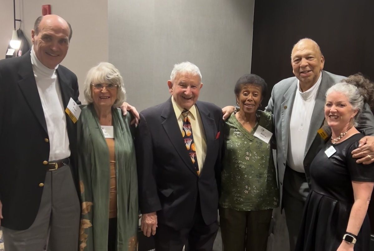 Ohio University friends and Alumni Paul Storey, Vi Buck, Doc Daugherty, Anita Jackson, Jerry Jackson, and Sheila Fox celebrate together at the 2024 Induction Ceremony.