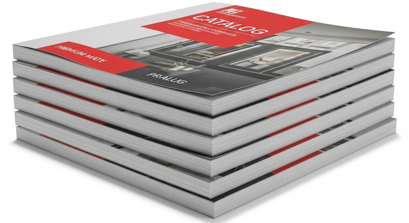 Luxury printed catalog with thick cover and glossy highlights, designed to make a strong impression in Bellevue & Seattle.