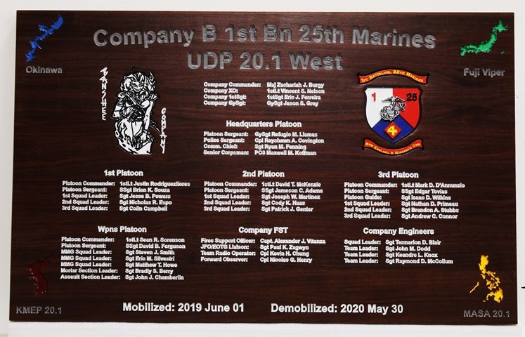 M3102 - Engraved Command Board  for Company B, First Battalion, 25th Marines Carved from African Mahogany  Wood (Gallery 31)