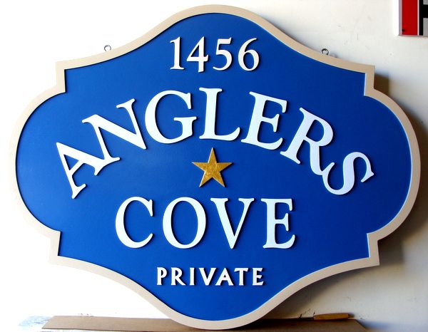 K20100- Sandblasted, Carved HDU Address Sign for "Angler's Cove"
