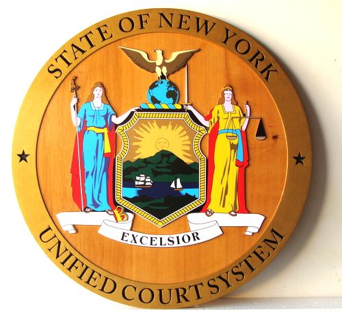 W32351- 2.5-D Carved Wooden Wall Plaque with the Seal of the State of New York Unified Court System (version 2)