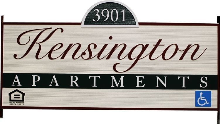 M5017 - Carved 2,5-D and Sandblasted Wood Grain HDU  "Kensington Court" Apartment Complex  Sign  
