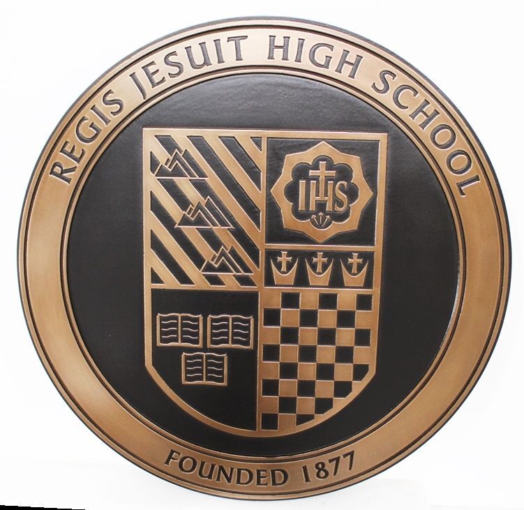 TP-1142 - Carved 2.5-D Raised Relief Bronze-Plated HDU Plaque of the Seal of the Regis Jesuit High School