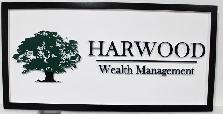 C12135 - Carved 2.5-D Raised Relief HDU  Entrance  Sign for "Harwood Wealth Management" , with a Shade Tree as Artwork