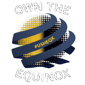 A logo for the Usher Equinox event that reads "Own the Equinox" with the hashtag #usheqx