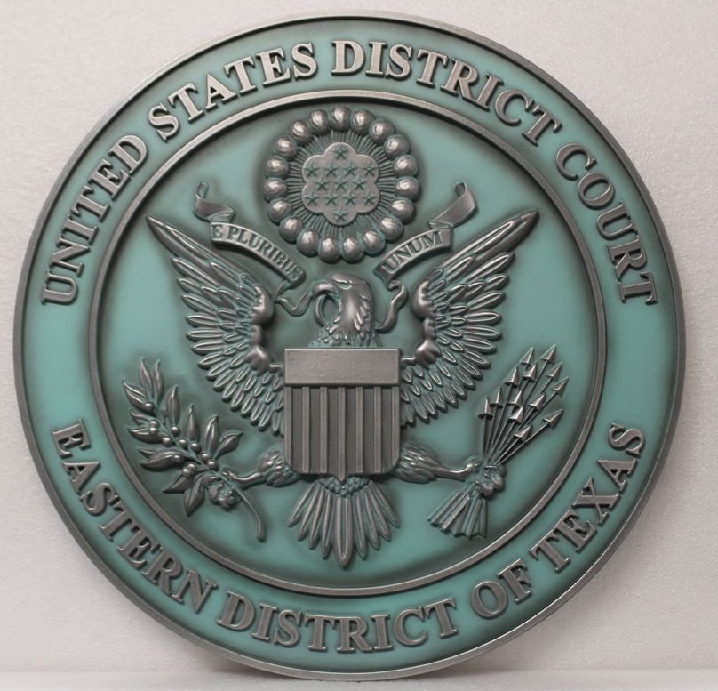 FP-1389 - Carved 3-D Bronze-Plated HDU Plaque of the  Seal of the United States District Court, Eastern District of Texas, with Green Patina