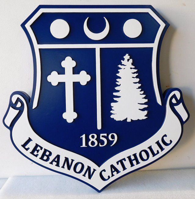 TP-1160 - Carved Wall Plaque of the Seal / Logo of Lebanon Catholic High School,  Artist Painted