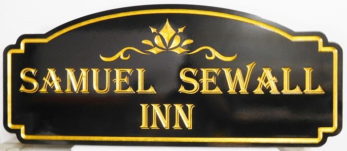T29039 - Elegant Engraved V-Carved  HDU sign for the "Samuel Sewall Inn", with 24K Gold-Leaf Gilding