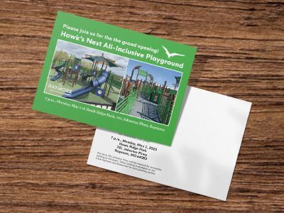 Full-color mailing postcard printed for the Hawk’s Nest Playground in the City of Raymore.