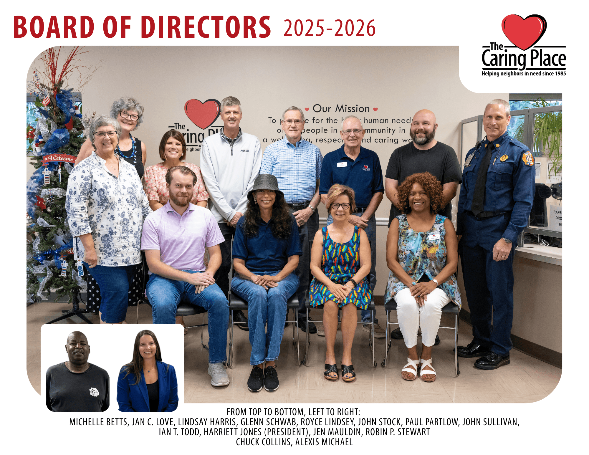 In the lobby of The Caring Place a group of individuals pose showcasing the 2025-2026 Board of Directors for the organization