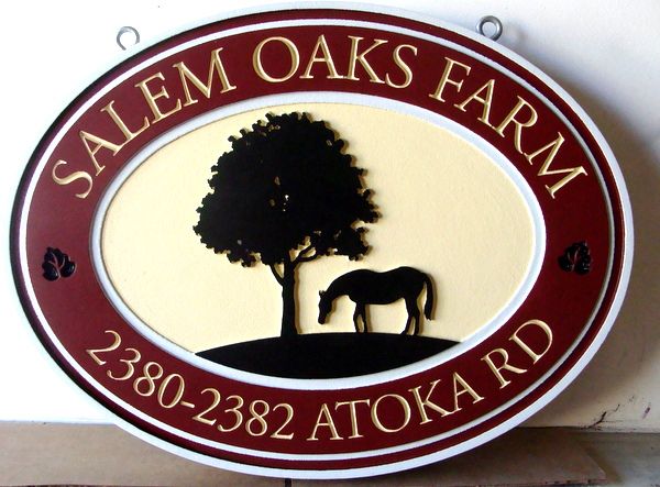 O24223 - Carved HDU "Salem Oaks Farm" Address Sign, with Grazing Horse and Oak Tree