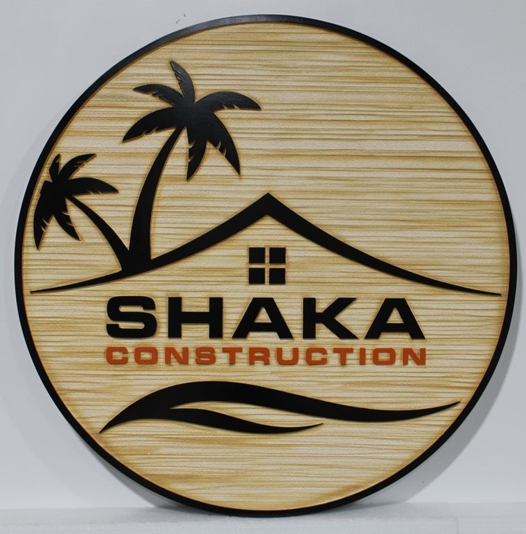 VP-1458 Carved 2.5-D Raised Relief and Sandblasted Wood Grain HDU Plaque of the Logo of Shaka Construction