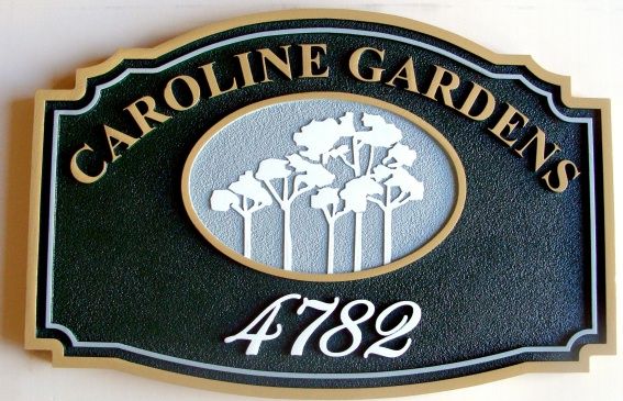 K20368 - Carved HDU Sign (Wood Avail.) for Caroline Gardens Apartments with Carved Silhouette of Trees