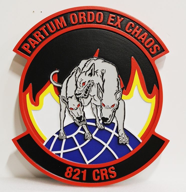 LP-3040 - Carved Round Plaque of the Crest of the 821st Contingency Response Squadron "Partum Ordo Ex Chaos", Artist Painted