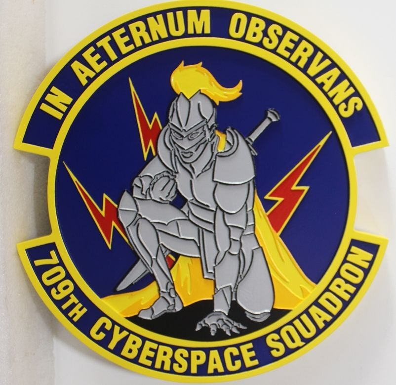LP-4386- Carved 2.5-D Multi-Level  Relief Plaque of the Crest of the 709th Cyberspace Squadron , "In Aeternum Observans" 