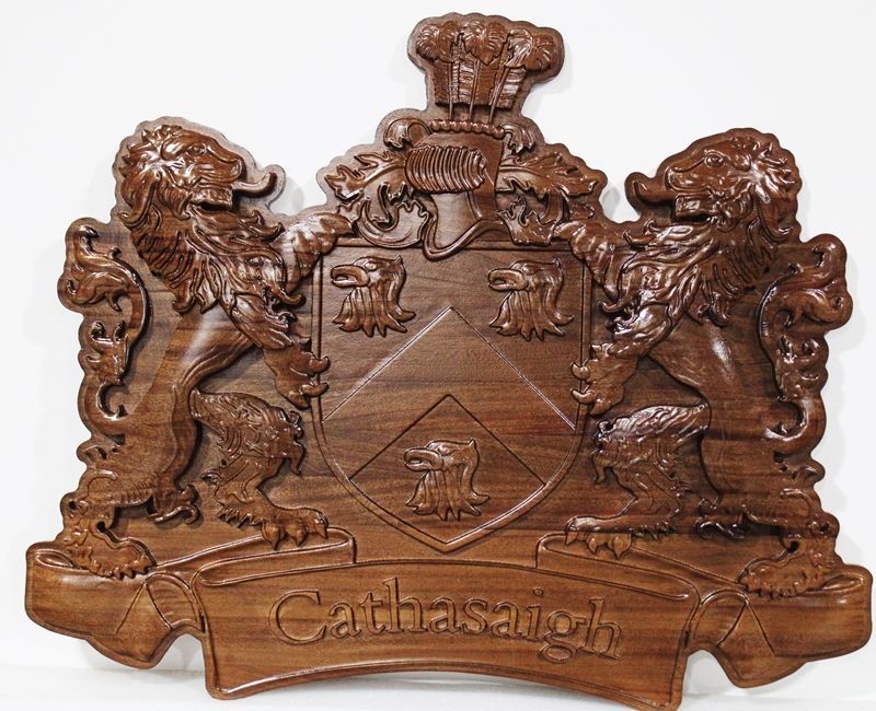 XP-1009 -  - Carved 3-D HDU Wall Plaque  Coat-of-Arms for the Cathasaigh Family with   Two   Rampant Lions Holding a Shield with Three Eagle's Heads
