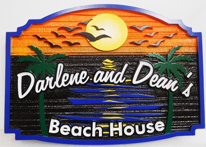 L21221- Carved Residence Name Sign , "Darlene and Dean's Beach House", features the Ocean, a Setting Sun, and Seagulls as Art.