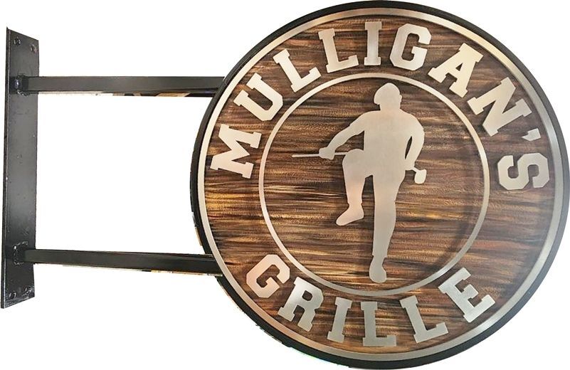 RB27301 - Carved "Mulligan's Grille" HDU Sign  with Separate Flat Aluminum Cut-out Letters and Artwork  (a Golfer Breaking his Club over his Knee) 