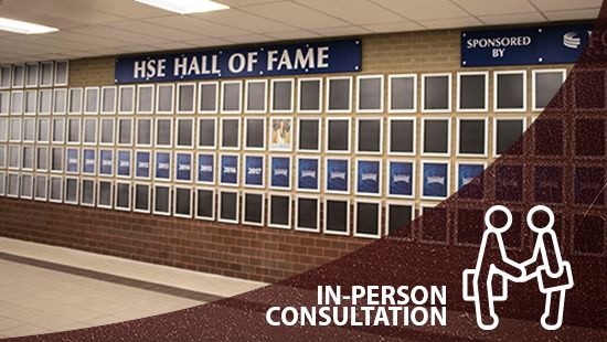 Descon in person consultation link, shows athletic hall of fame flip open frames, custom signs, signage company