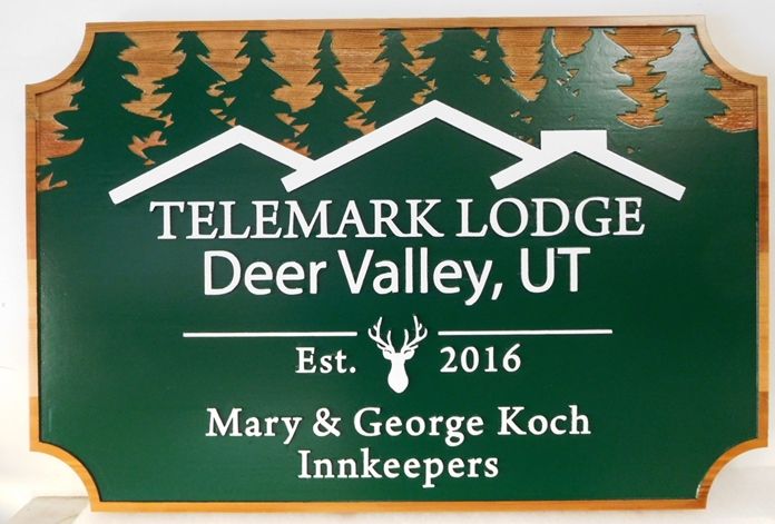T29021 - Carved  Cedar Wood Sign  for the "Telemark Lodge", 2.5-D with Trees and Lodge as Artwork