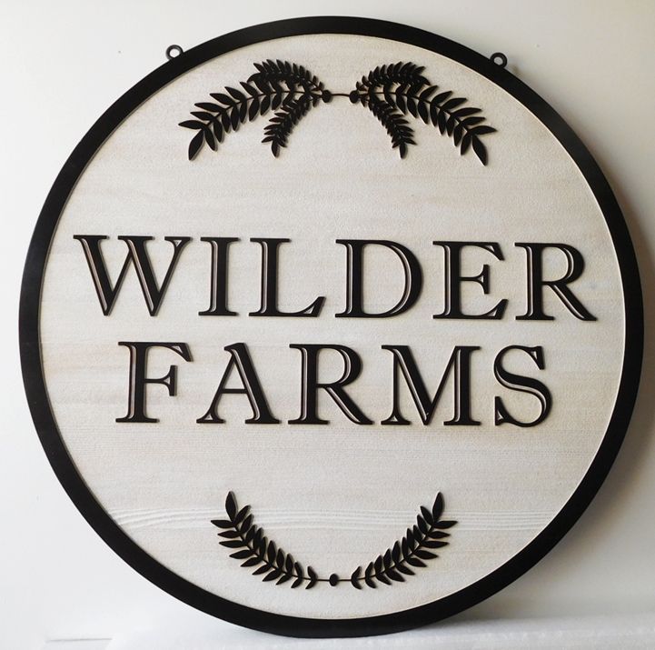 O24730 - Carved Entrance Cedar Sign for  "Wilder Farms" with  Leaves and Branches as Artwork.