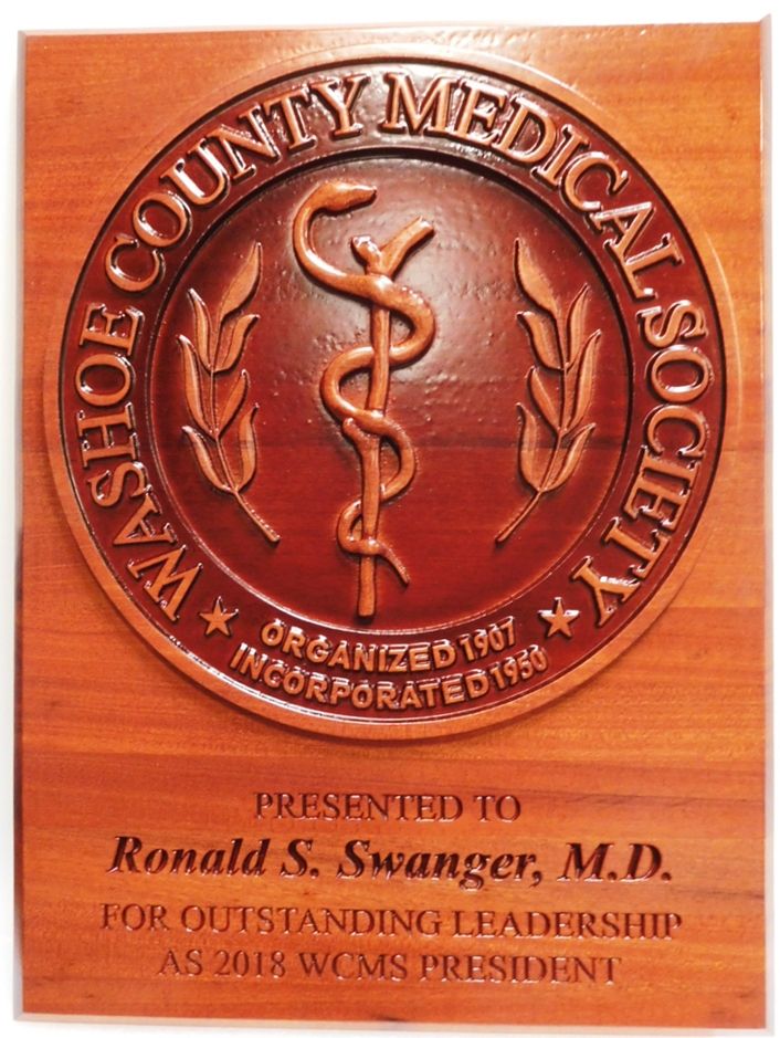 VP-1555 - Carved Plaque for Washoe County Medical Society, 3-D Mahogany Wood