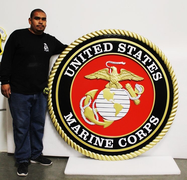 KP-1124 - Large Carved Plaque of the Emblem of the US Marine Corps, 3-D Artist-Painted 