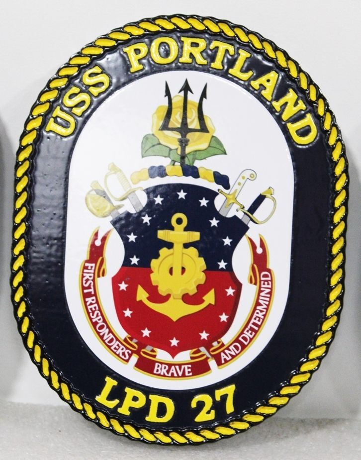 JP-1308 -  Carved 2.5-D HDU Plaque of the Crest of the  USS Portland , LPD27,  a San Antonio-class Amphibious Transport Dock Ship 