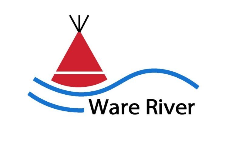 Logo with a red teepee above blue wavy lines and the text