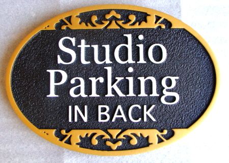 SA28750 - Decoratively Carved 2.5-D  "Studio Parking in Back" Sign