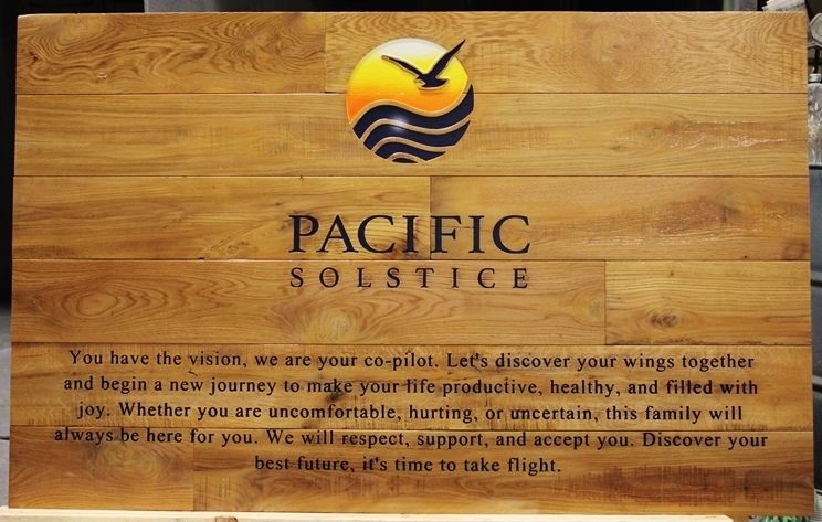 B11141 - Engraved Wood Sign  for the "Pacific Solstice" Behavior Health Center  with its Logo, a Stylized Seagull Flying over Ocean Waves at Sunset, as Artwork 
