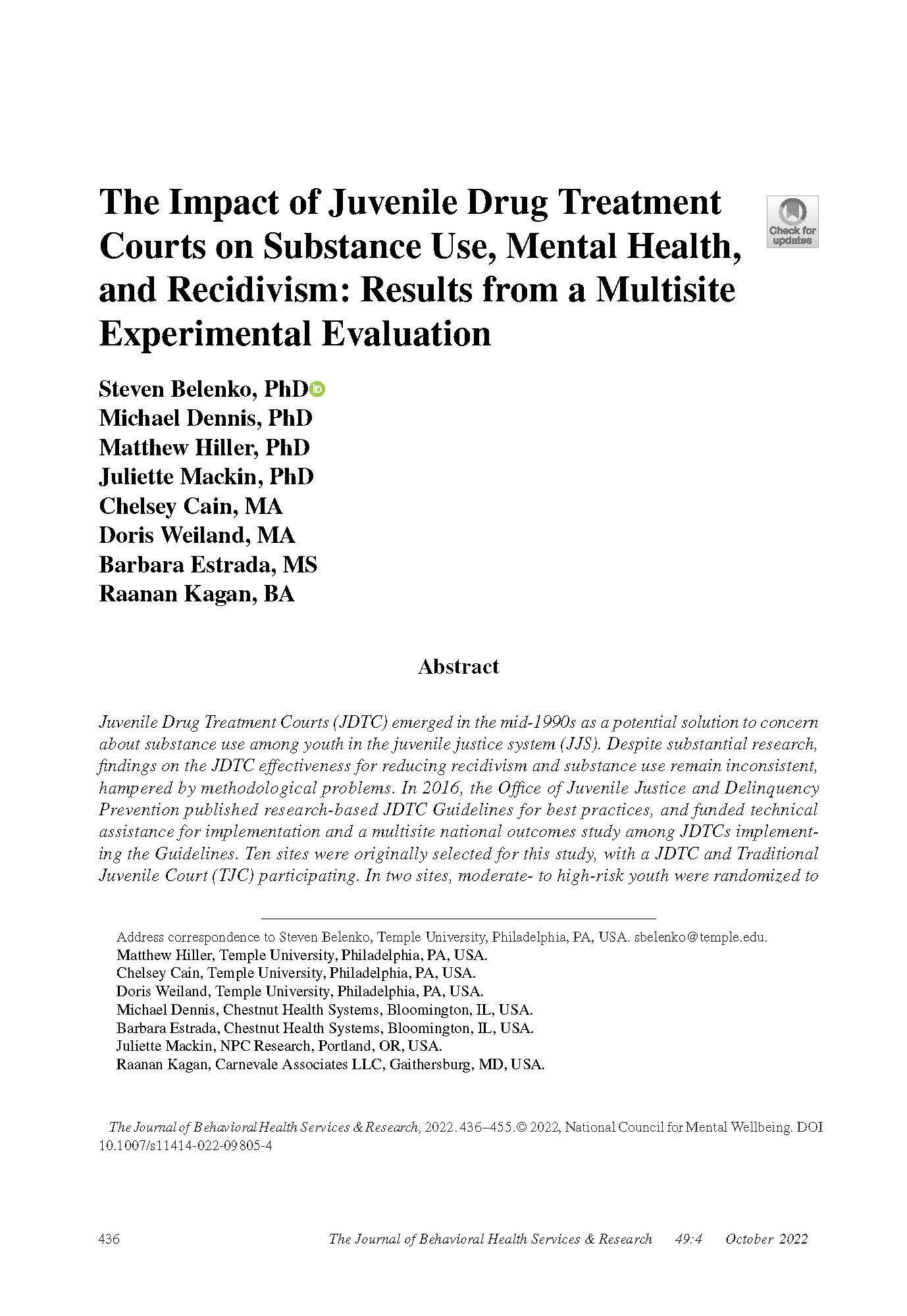 The Impact of JDTCs on Substance Use, Mental Health, and Recidivism: Results from a Multisite Experimental Evaluation