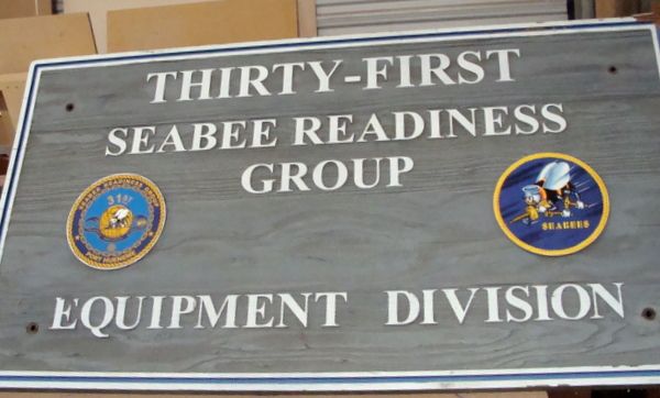 JP-2300 - Carved Plaque of Seabees 31st Readiness Group,  Artist Painted on Cedar Wood