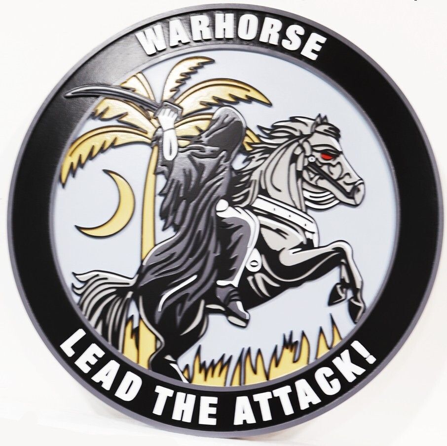 MP-2185 - Carved 2.5-D Plaque of the Crest / Logo of a US Army Company  with Motto "Warhorse Lead the Attack"