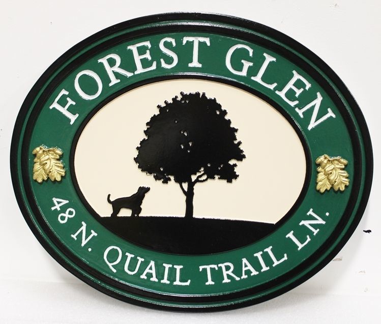 I18329 - Carved HDU Property Name and Address Sign "Forest Glen", with the Silhouette of a Lone Tree and Dog as Artwork 