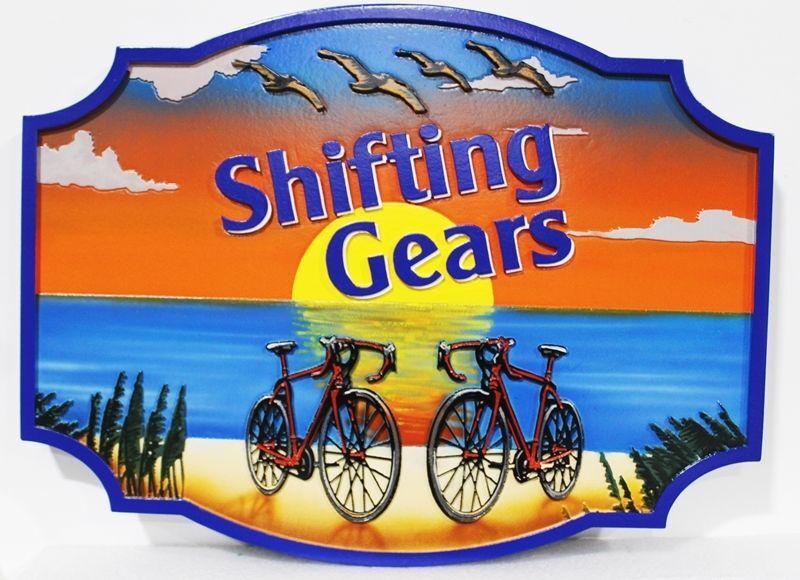 L21235 - Carved Coastal Home  Sign, "Shifting Gears” , features Artist-Painted Scene with  Two bicycles on a Beach and the Setting Sun