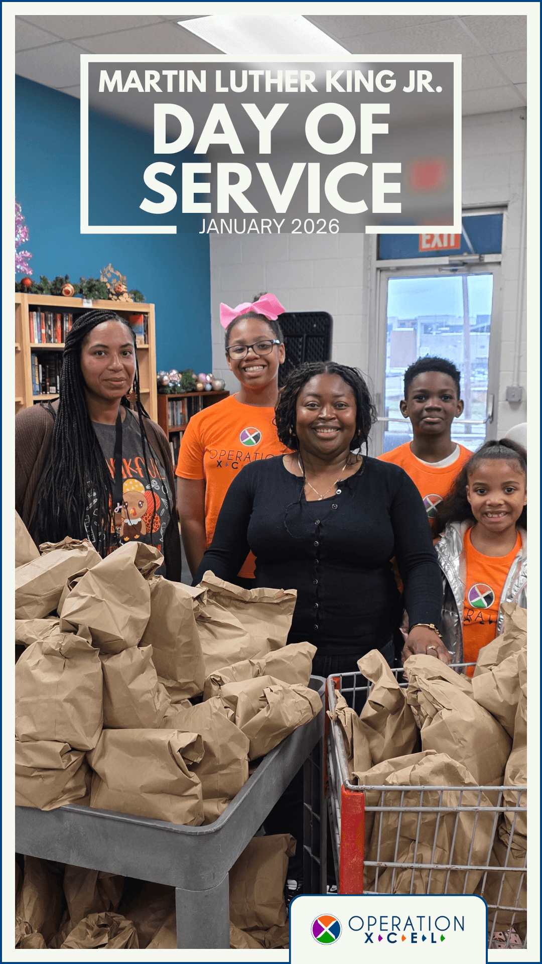 Students and staff from Peck at the IRC with a cart of essential care kits, demonstrating the power of community service and the spirit of MLK Day.